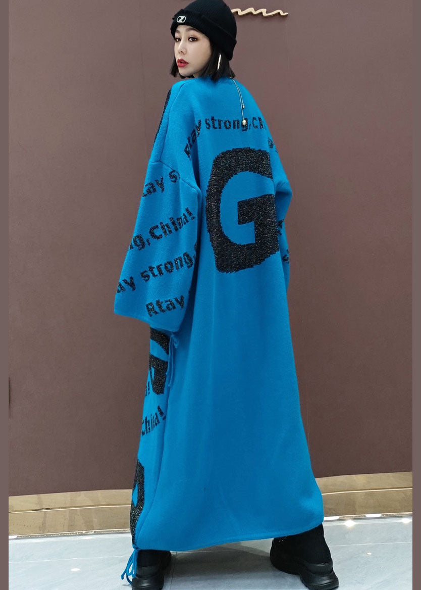 ブルー プリント ゆったり ニット セーター ロングワンピース 春