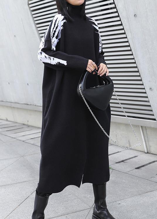 レディース クリスマス ブラック 花柄織り ニットセーター プラスサイズ ハイネック デイリー ニットワンピース