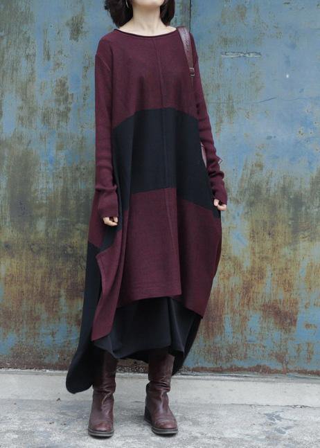 レディース クリスマス サイドオープン（スリット） ニットワンピース 前後差デザイン（ロー・ハイ） レタープリント／クォーツ柄 レッド デイリー セーターワンピース