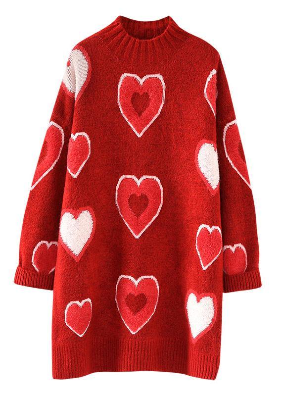 チャンキー レッド ニットワンピース ロング丈 Oネック オーバーサイズ 厚手 ニットウェア