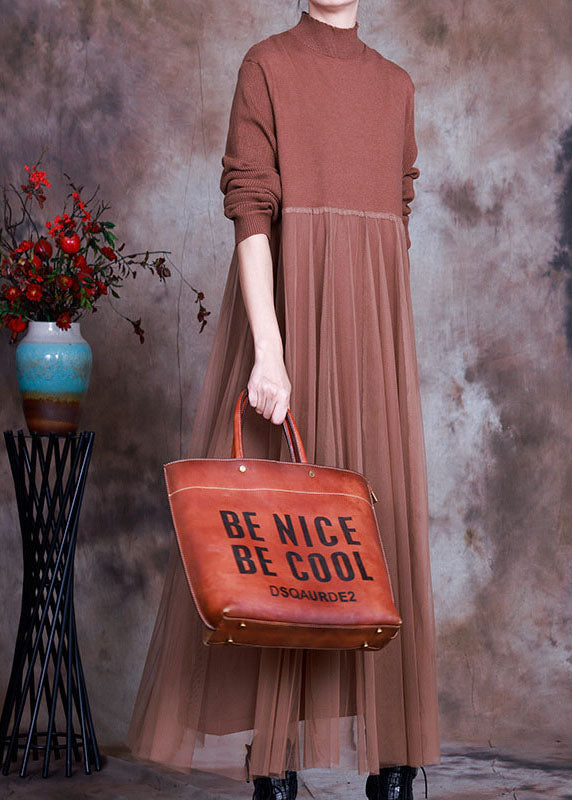 レディース チョコレートカラー スタンドカラー ニットワンピース アシンメトリーデザイン 春用