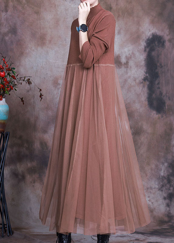 レディース チョコレートカラー スタンドカラー ニットワンピース アシンメトリーデザイン 春用