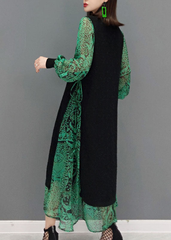 DIY風 グリーン Oネック ウエストリボン レース パッチワーク 春 ニットワンピース