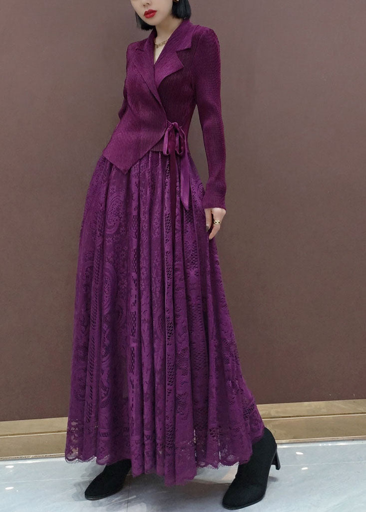 レディース パープル スリムフィット ウエストリボン ピーターパンカラー ニットトップス＋レーススカート セット 2点セット 春用