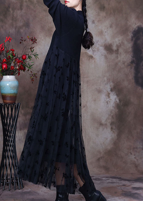 レディース ブラック スリムフィット Oネック レース パッチワーク ニットワンピース 春用（リゾート／旅行）