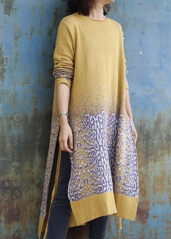 レディース 仕事用 サイドオープン（スリット） ニットワンピース Oネック 上品 イエロー ジャカード ヒップスター風 セーターワンピース