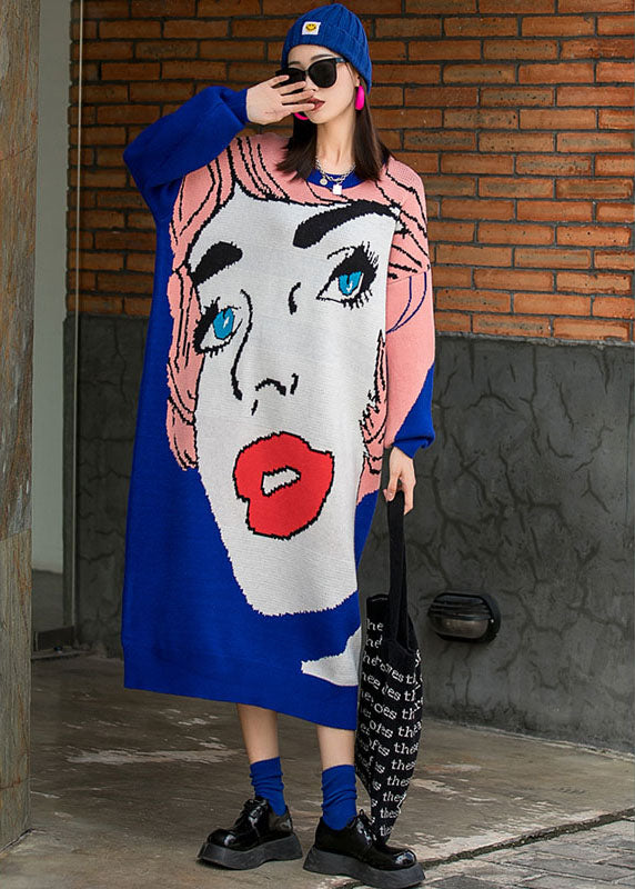 レディース フレンチブルー Oネック ゆったり ニットワンピース 秋用 ロング丈 長袖