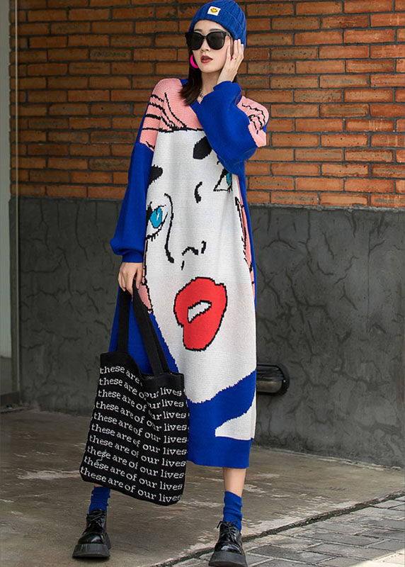 レディース フレンチブルー Oネック ゆったり ニットワンピース 秋用 ロング丈 長袖