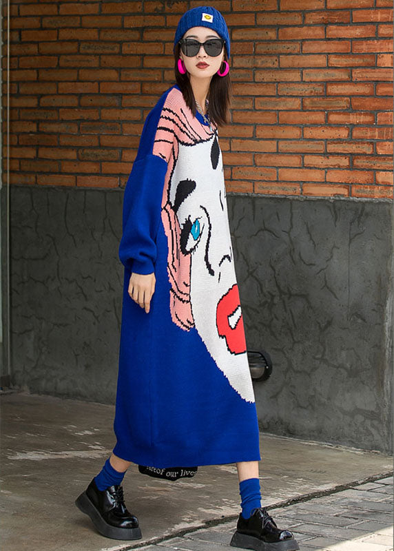 レディース フレンチブルー Oネック ゆったり ニットワンピース 秋用 ロング丈 長袖