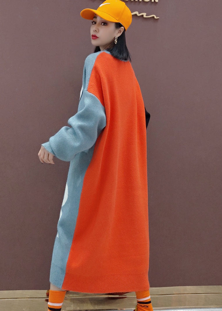 レディース グレー パッチワーク グラフィック柄 ニットロングセーター 春用