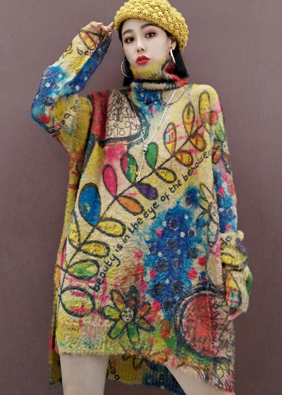 リーフ柄 ゆったり ニットワンピース サイドスリット 春