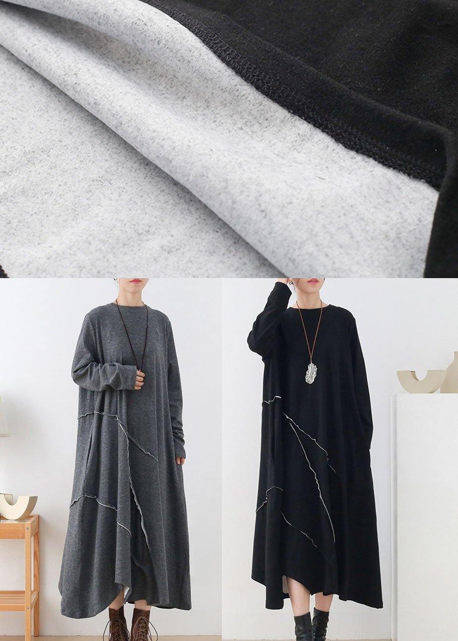 ナチュラル ブラック Oネック パッチワーク 秋 ニットワンピース 長袖