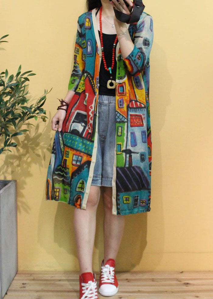 レディース ベージュ Vネック プリント サイドスリット 秋 ニット 長袖 カーディガン