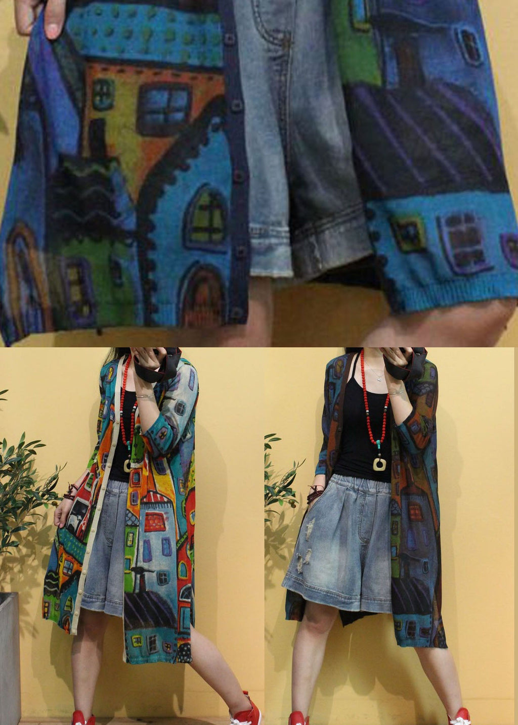 レディース ベージュ Vネック プリント サイドスリット 秋 ニット 長袖 カーディガン