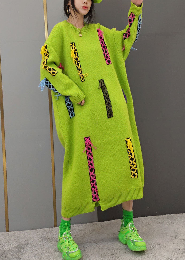 レディース イエロー Oネック パッチワーク ニットロングワンピース 長袖