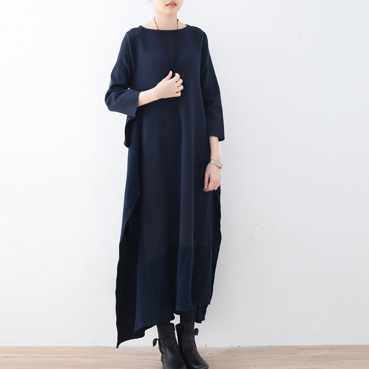 ブティック風 ダークブルー ニットワンピース 大きいサイズ レディース サイドスリット 秋 フェイク2ピース