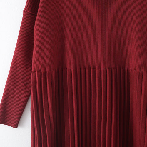 レディース レッド ロングセーター オーバーサイズ Oネック 細見えウエストマーク 秋用 ニットワンピース